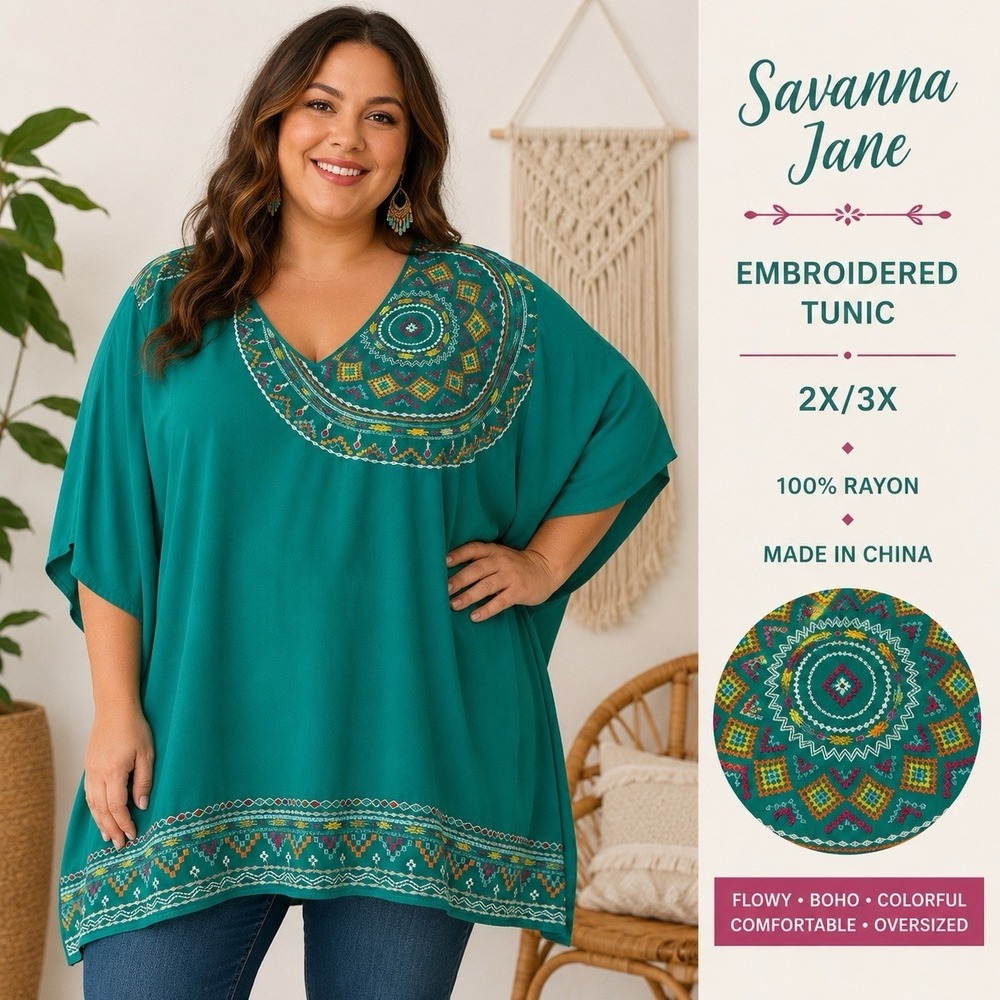 Savanna Jane 2X/3X Embroidered Boho Tunic Top Teal Rayon V Neck Oversized Plus